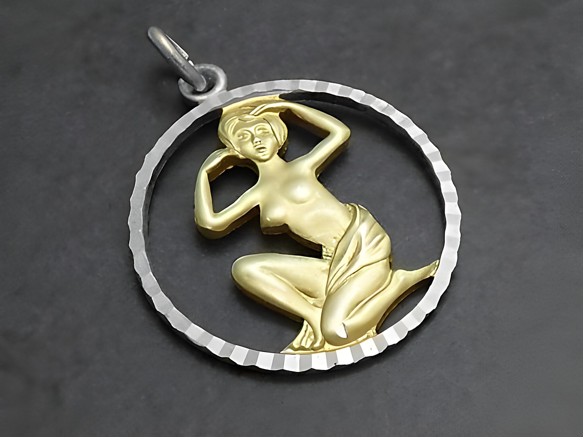Jungfrau 925 Sterling Silber Sternzeichen mit Vergoldung, Hersteller Juwelier Harnisch, zeigt eine stilisierte Figur in einem runden Rahmen, elegant und detailreich gestaltet.