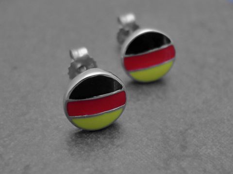 38929-0 Kreis Ohrringe aus rhodiniertem Sterling Silber in Schwarz, Rot und Gelb, sportlich und ideal für Deutschland-Fans, Hersteller Juwelier Harnisch aus Deutschland.