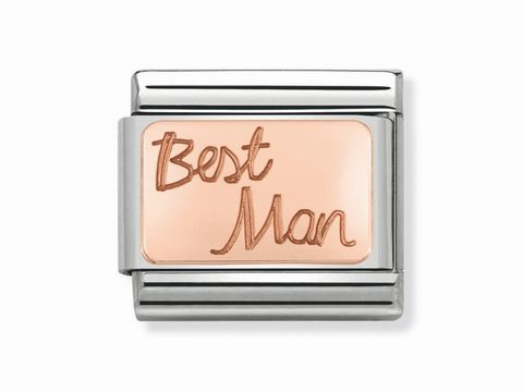 Nomination 430108 02 Classic Best Man Schriftzug in Roségold auf einer silbernen Basis, ideal für personalisierte Schmuckstücke und Geschenke.