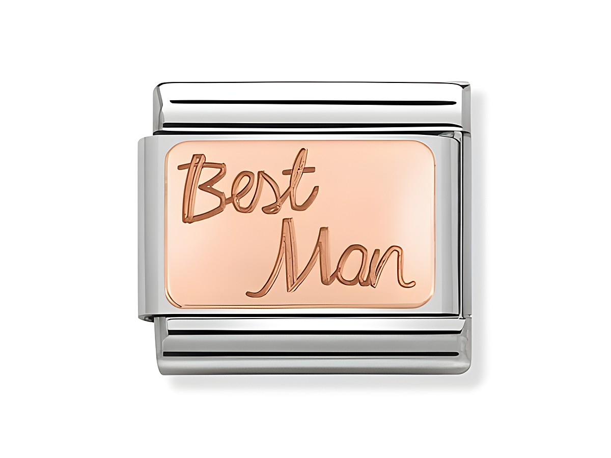 Nomination 430108 02 Classic Best Man Schriftzug in Roségold auf einer silbernen Basis, ideal für personalisierte Schmuckstücke und Geschenke.