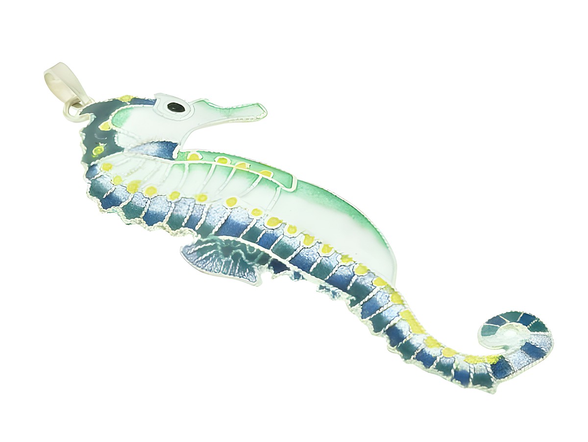 Ausdrucksvoller Anhänger in Form eines Seepferdchens, gefertigt aus Silber 925 mit feinem Lack in Blau und Grün, ideal für Tierliebhaber, Hersteller Juwelier Harnisch.