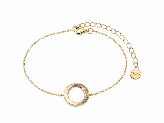 Xenox Sterling Silber Armband XS2128G in Gelbgold Vergoldung mit Kareekette und dezentem Kreisdesign, verziert mit funkelnden Elementen, von 15 bis 20 cm verstellbar.