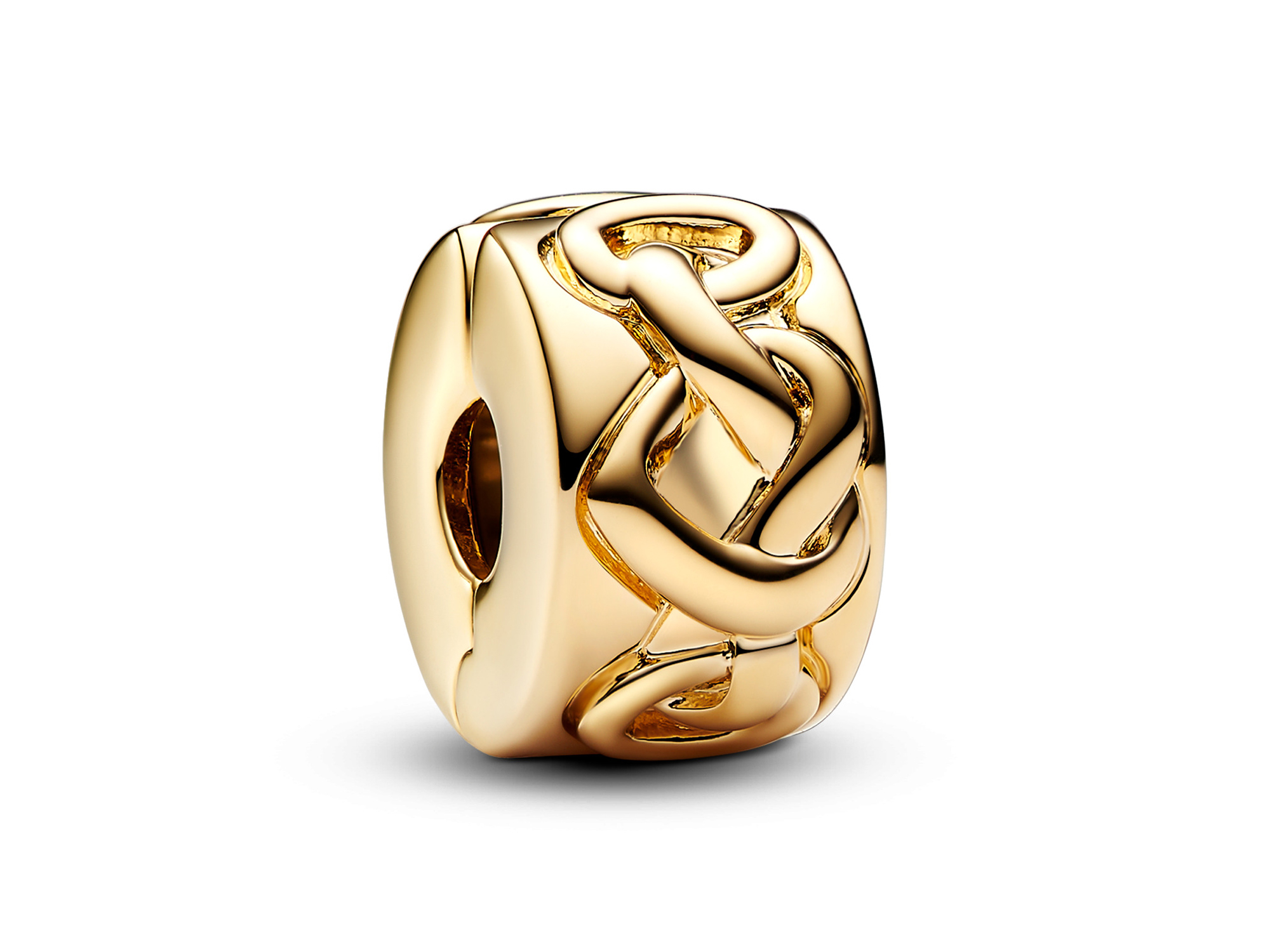 Pandora 768035C00 Liebesknoten CLIP-Stopper - Gelbgold vergoldet Die Pandora Liebesknoten CLIP-Stopper aus gelbgold vergoldetem Silber zeigt ein elegantes Knotenmuster und verleiht jedem Armband einen Hauch von Raffinesse und Stil.