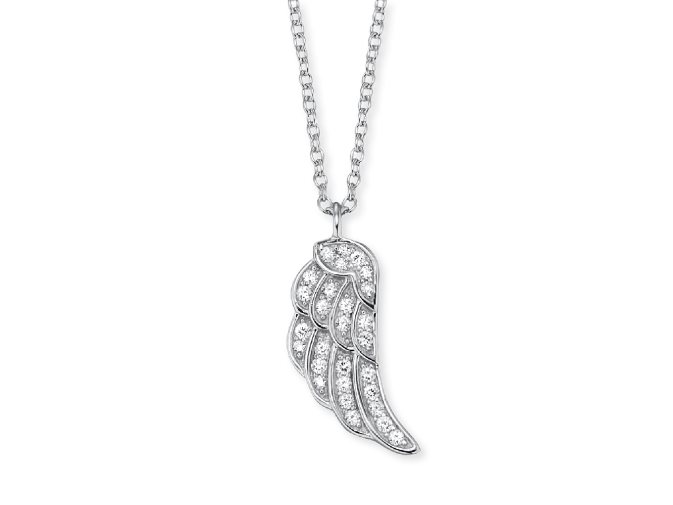 Kette mit einem filigranen Flügel-Anhänger aus Silber, rhodiniert, verziert mit funkelnden Zirkonia, Länge 40 cm, elegant und zeitlos, ideal für besondere Anlässe.