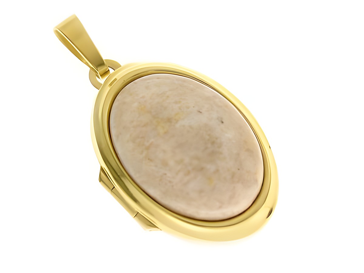 Riverstone Medaillon Cabochon aus Gold 750, gefertigt vom Juwelier Harnisch, ovaler, hellfarbener Stein mit goldener Fassung, elegantes Schmuckstück für jeden Anlass.