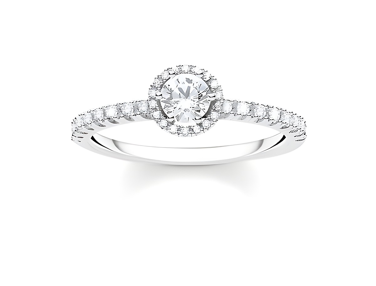 Ring von Thomas Sabo TR2326-051-14-60 aus Silber in Größe 60 mit klaren Zirkonia-Steinen, rund facettierter Hauptstein, umgeben von funkelnden Zirkonia.