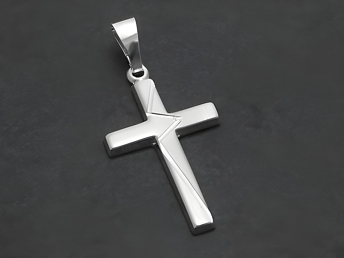 Kreuz Anhänger aus sterling Silber, teilmattiert und klassisch mit ansprechendem Muster, hergestellt von Juwelier Harnisch.