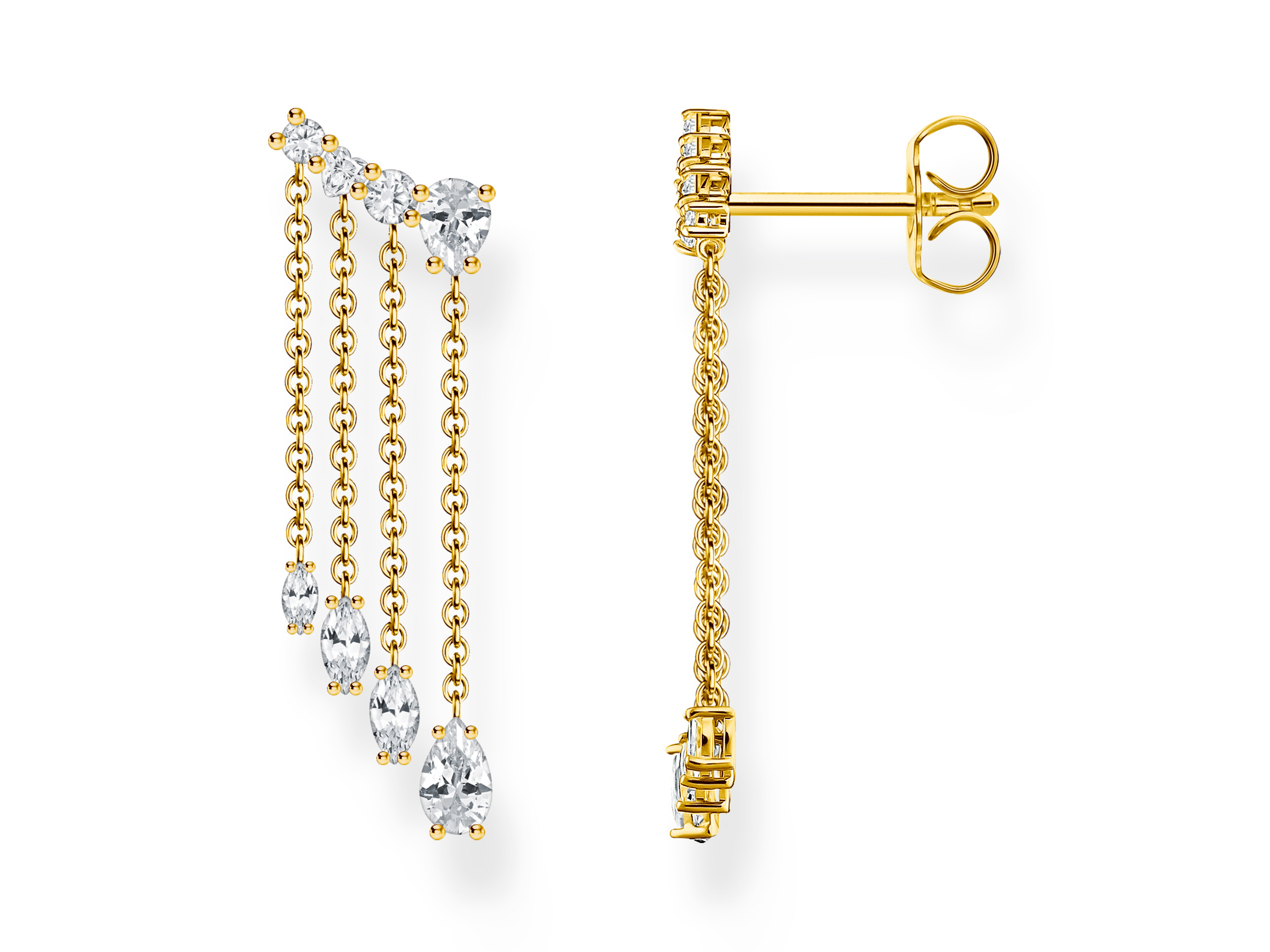 Elegante Thomas Sabo Ohrringe H2325-414-14 in Silber vergoldet mit Wasserfall-Design und funkelnden Kristallen, inspirieren von Blooming Skies und ideal für jeden Anlass.