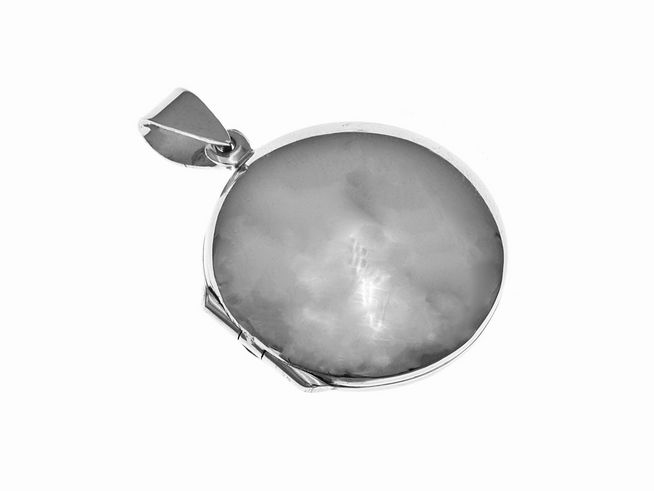 Silber Medaillon rund gewölbt poliert, Hersteller Juwelier Harnisch, glänzende Oberfläche, elegantes Design, ideal für persönliche Gravuren oder als Schmuckstück für besondere Anlässe.