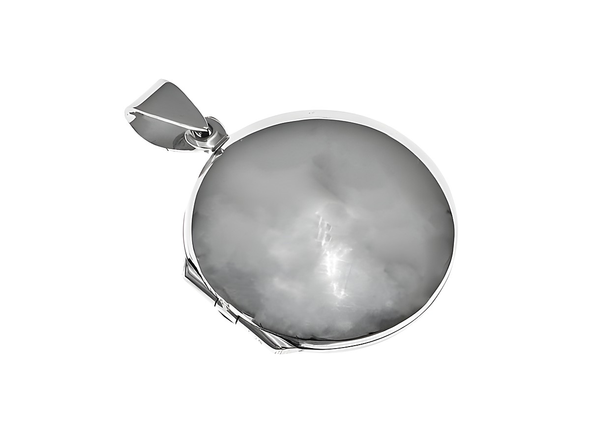 Silber Medaillon rund gewölbt poliert, Hersteller Juwelier Harnisch, glänzende Oberfläche, elegantes Design, ideal für persönliche Gravuren oder als Schmuckstück für besondere Anlässe.