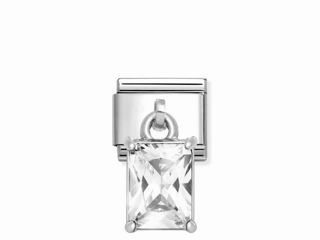 Ein eleganter Charms-Anhänger aus Sterling Silber und Edelstahl mit einem großen, rechteckigen weißen Zirkonia und weiteren kleinen Zirkonias für zusätzlichen Glanz.