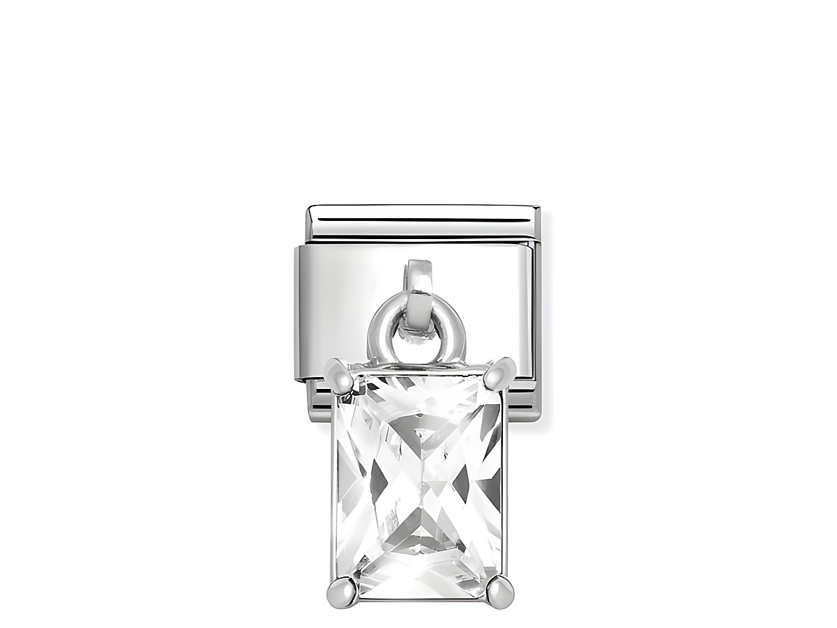 Ein eleganter Charms-Anhänger aus Sterling Silber und Edelstahl mit einem großen, rechteckigen weißen Zirkonia und weiteren kleinen Zirkonias für zusätzlichen Glanz.