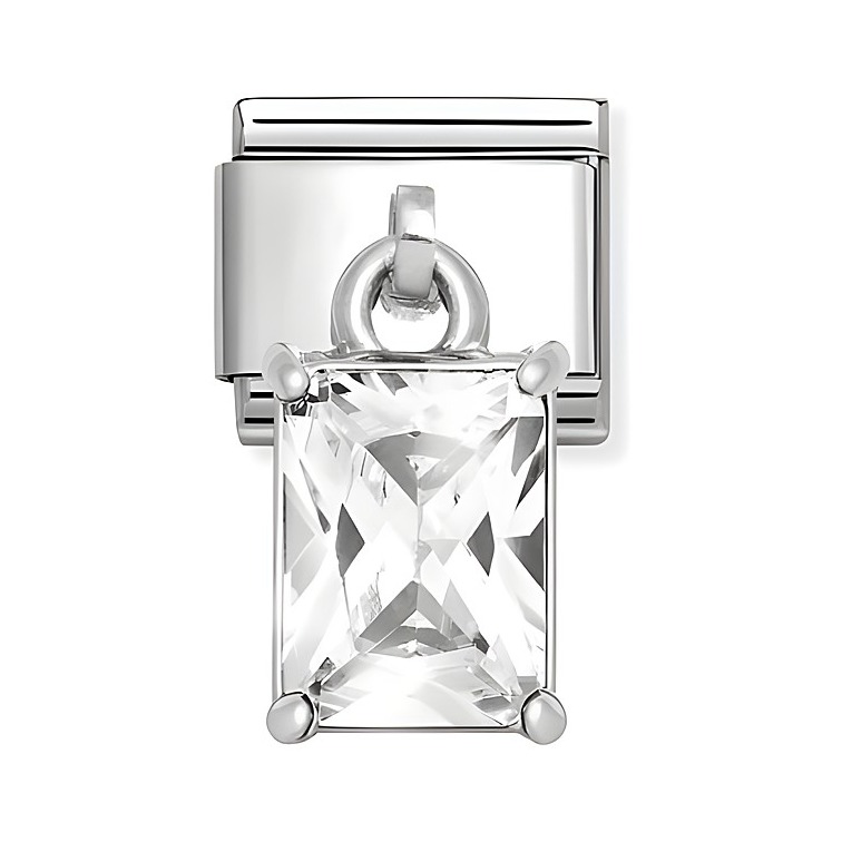 Ein eleganter Charms-Anhänger aus Sterling Silber und Edelstahl mit einem großen, rechteckigen weißen Zirkonia und weiteren kleinen Zirkonias für zusätzlichen Glanz.