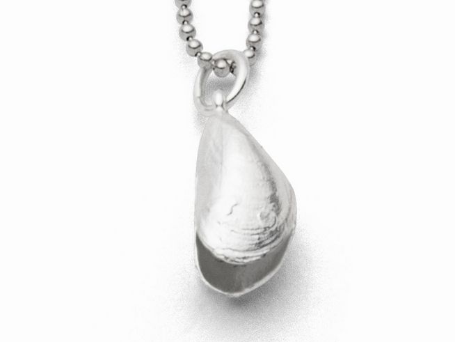 Sterling Silber Anhänger in Form einer Miesmuschel, glänzend und detailreich, angebracht an einer feinen Kette, von Hersteller DUR, Modell P3585, Länge 18,1 cm.