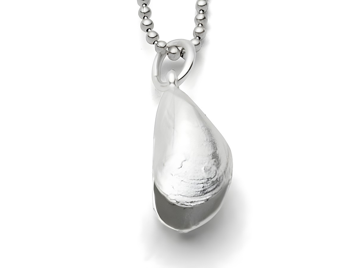 Sterling Silber Anhänger in Form einer Miesmuschel, glänzend und detailreich, angebracht an einer feinen Kette, von Hersteller DUR, Modell P3585, Länge 18,1 cm.