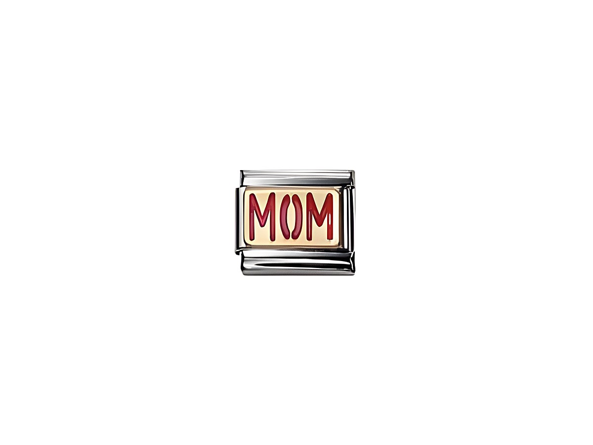 Ein emaillierter Charm von Nomination aus der Classic Messages Kollektion mit der Aufschrift MOM in roten Buchstaben auf einem hellen Hintergrund.