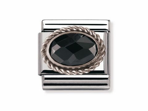 Classic Kordel in Schwarz von Nomination mit silberrand und Zirkonia, ovaler Form. Elegantes Design, ideal für individuelle Armbänder und modische Akzente.