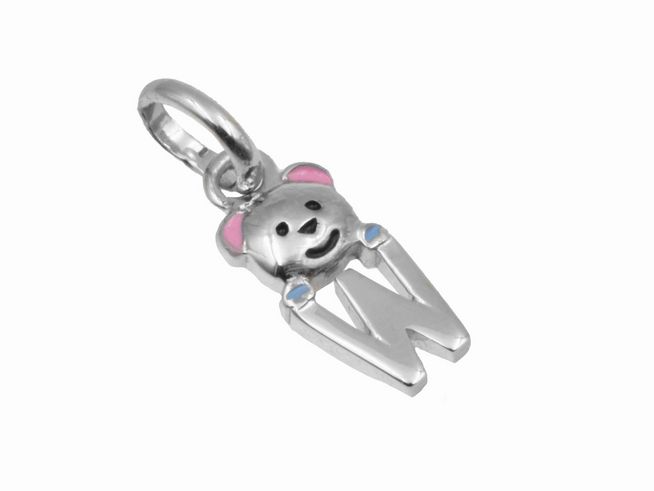 Teddy Anhänger Buchstabe W aus 925 Sterling Silber, poliert und rhodiniert, mit freundlichem Gesicht und bunten Details, idealer Schmuck für Kinder, Hersteller Juwelier Harnisch.