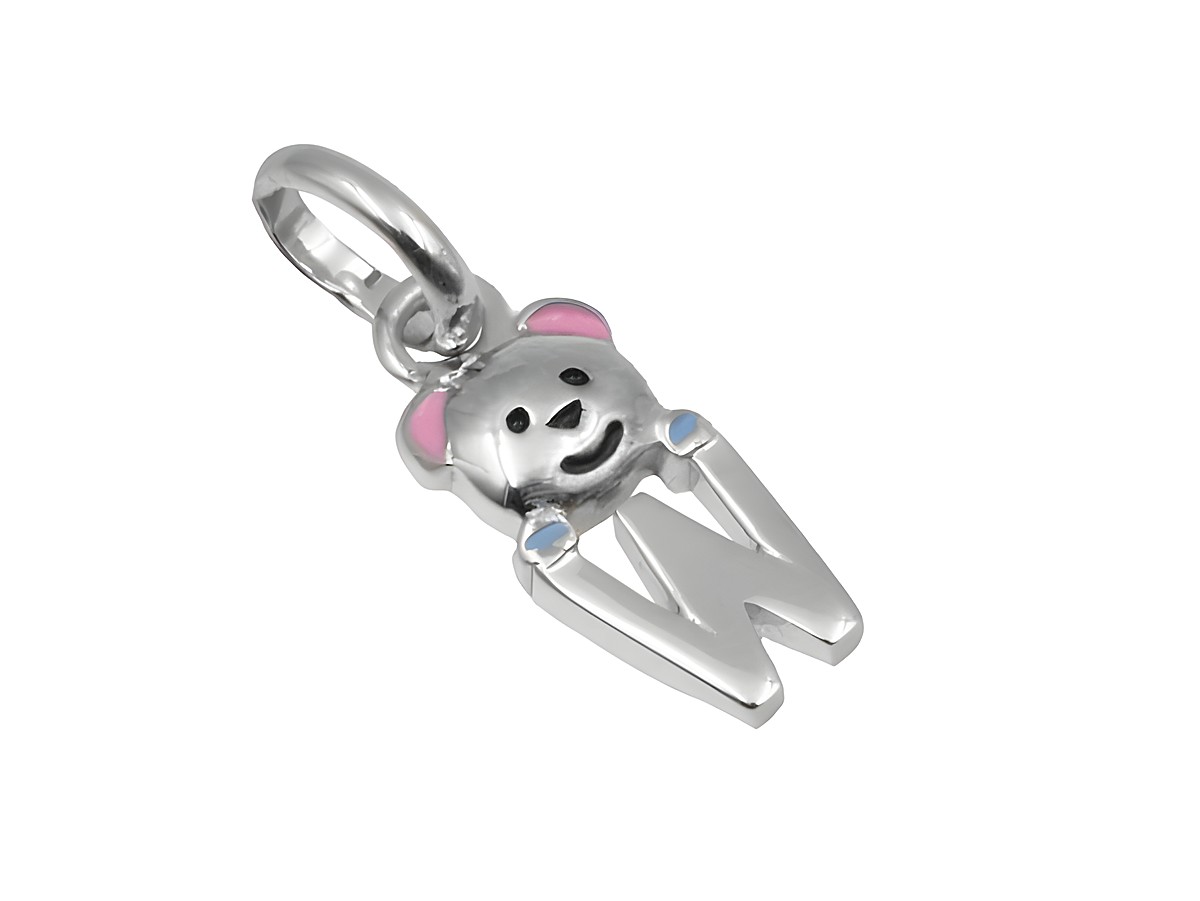Teddy Anhänger Buchstabe W aus 925 Sterling Silber, poliert und rhodiniert, mit freundlichem Gesicht und bunten Details, idealer Schmuck für Kinder, Hersteller Juwelier Harnisch.
