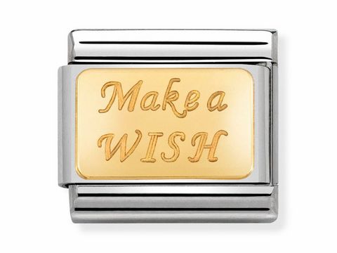 Nomination 030121 43 Make a Wish Composable Classic, Hersteller Nomination, mit goldenen Schriftzügen auf einer silbernen Hintergrundplatte.
