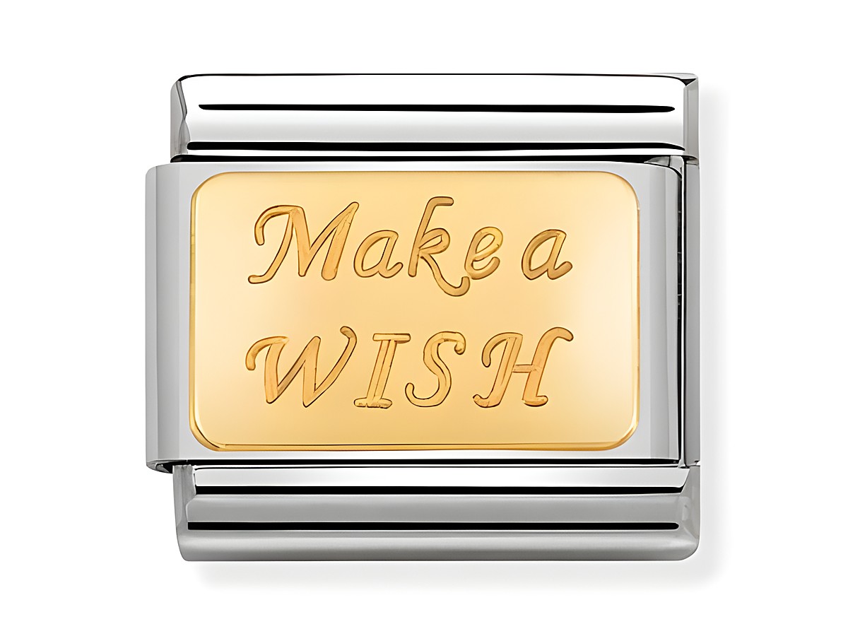 Nomination 030121 43 Make a Wish Composable Classic, Hersteller Nomination, mit goldenen Schriftzügen auf einer silbernen Hintergrundplatte.