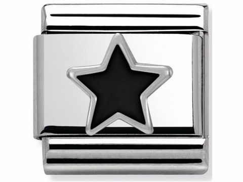 Classic Nomination Charm mit einem schwarzen Stern, umgeben von einer glänzenden silbernen Fassung, ideal zur individuellen Gestaltung von Armbändern.
