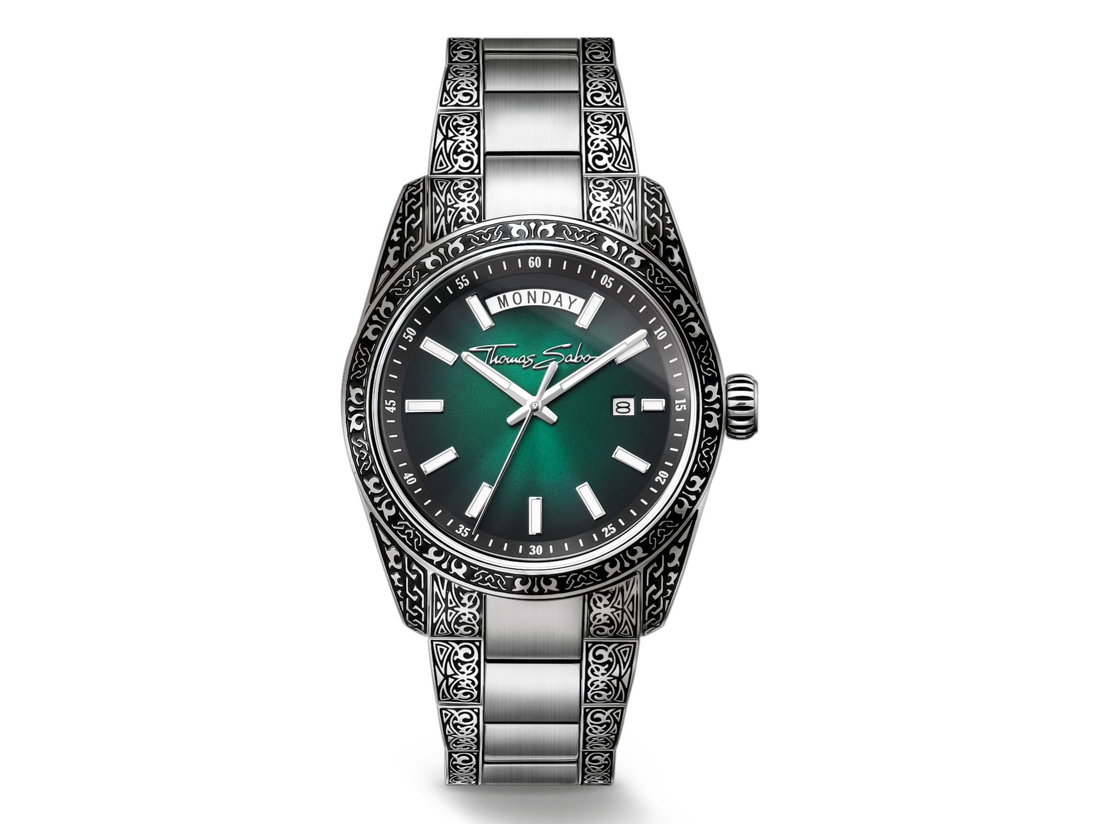 Thomas Sabo Uhr WA0440-201-211-40 mm mit grünem Ziffernblatt, elegantem Edelstahlarmband und verziertem Gehäuse, ideal für Stilbewusste, Hersteller Pandora, Neuheiten.