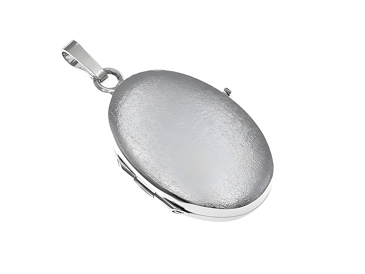Silber Medaillon Anhänger rhodiniertes Medallion oval von Juwelier Harnisch, elegantes Design mit matter Oberfläche, ideal als persönlicher Schmuck oder Geschenk, zeitlos und stilvoll.