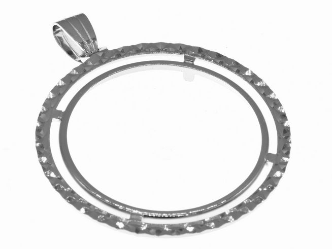 Rhodinierter Anhänger aus 925 Sterling Silber mit diamantierter Oberfläche, max. Durchmesser für Münzen 30,7 mm, geeignet für Münzen bis 3,5 cm, Hersteller Juwelier Harnisch.