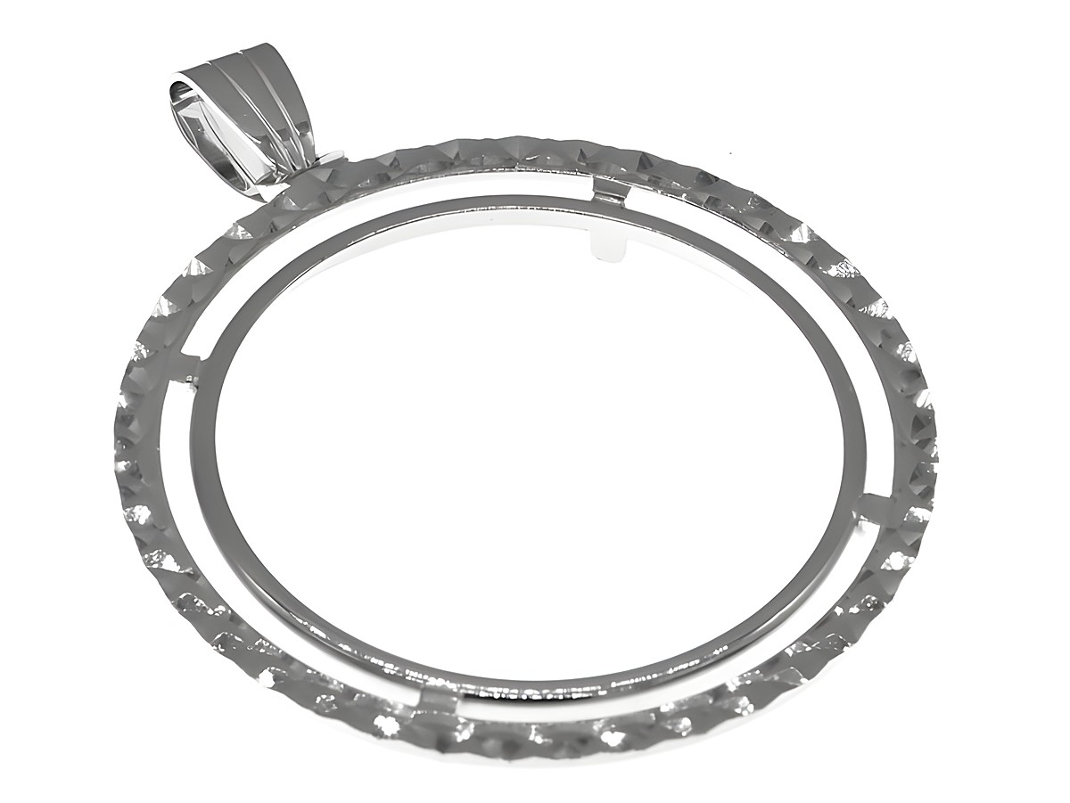 Rhodinierter Anhänger aus 925 Sterling Silber mit diamantierter Oberfläche, max. Durchmesser für Münzen 30,7 mm, geeignet für Münzen bis 3,5 cm, Hersteller Juwelier Harnisch.