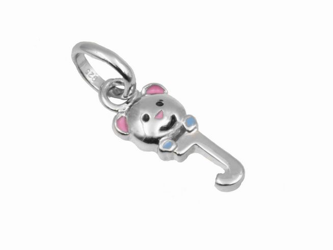 Teddy Anhänger Buchstabe J aus 925 Sterling Silber, poliert und rhodiniert, ideal für Kinder, von Juwelier Harnisch, liebevolles Design mit bunten Akzenten.