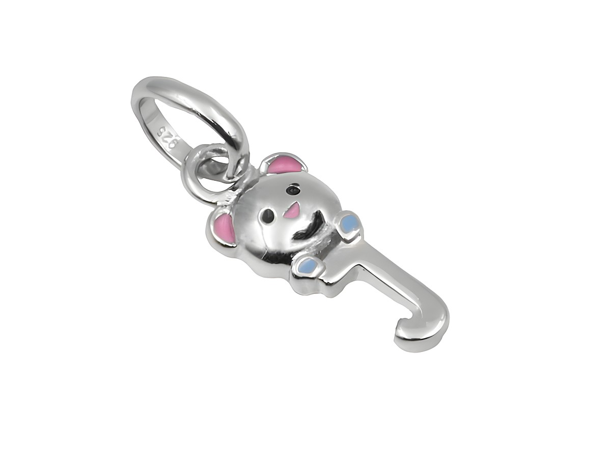 Teddy Anhänger Buchstabe J aus 925 Sterling Silber, poliert und rhodiniert, ideal für Kinder, von Juwelier Harnisch, liebevolles Design mit bunten Akzenten.