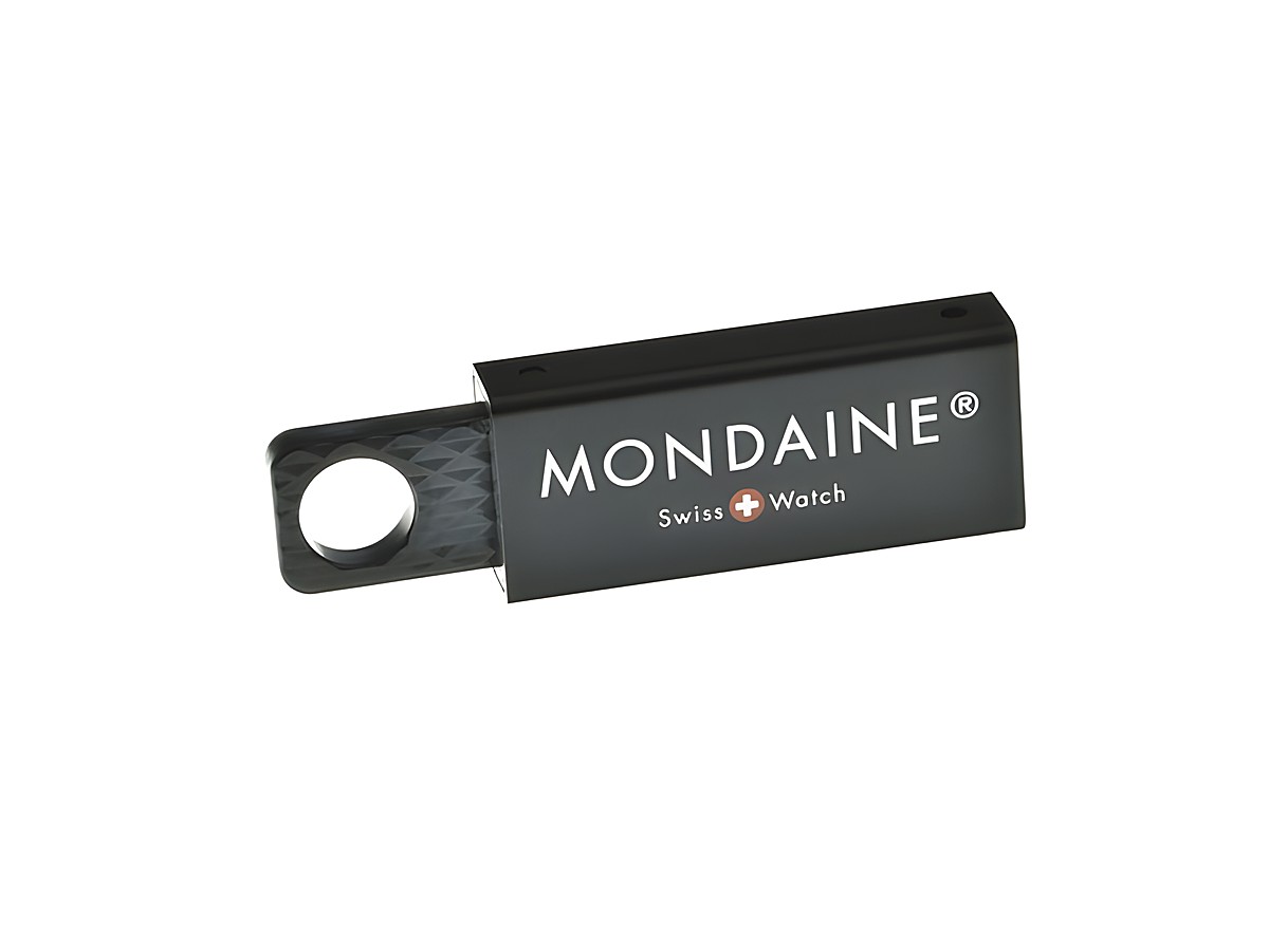 Mondaine 4GB USB-Stick in Schwarz mit modernem Design und Logo, ideal als Zubehör für Datenübertragungen und alltägliche Nutzung.