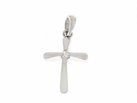 Silber rhodinierter Anhänger in Form eines Kreuzes mit Zirkonia Stein, religiöser Schmuck, Hersteller Juwelier Harnisch.