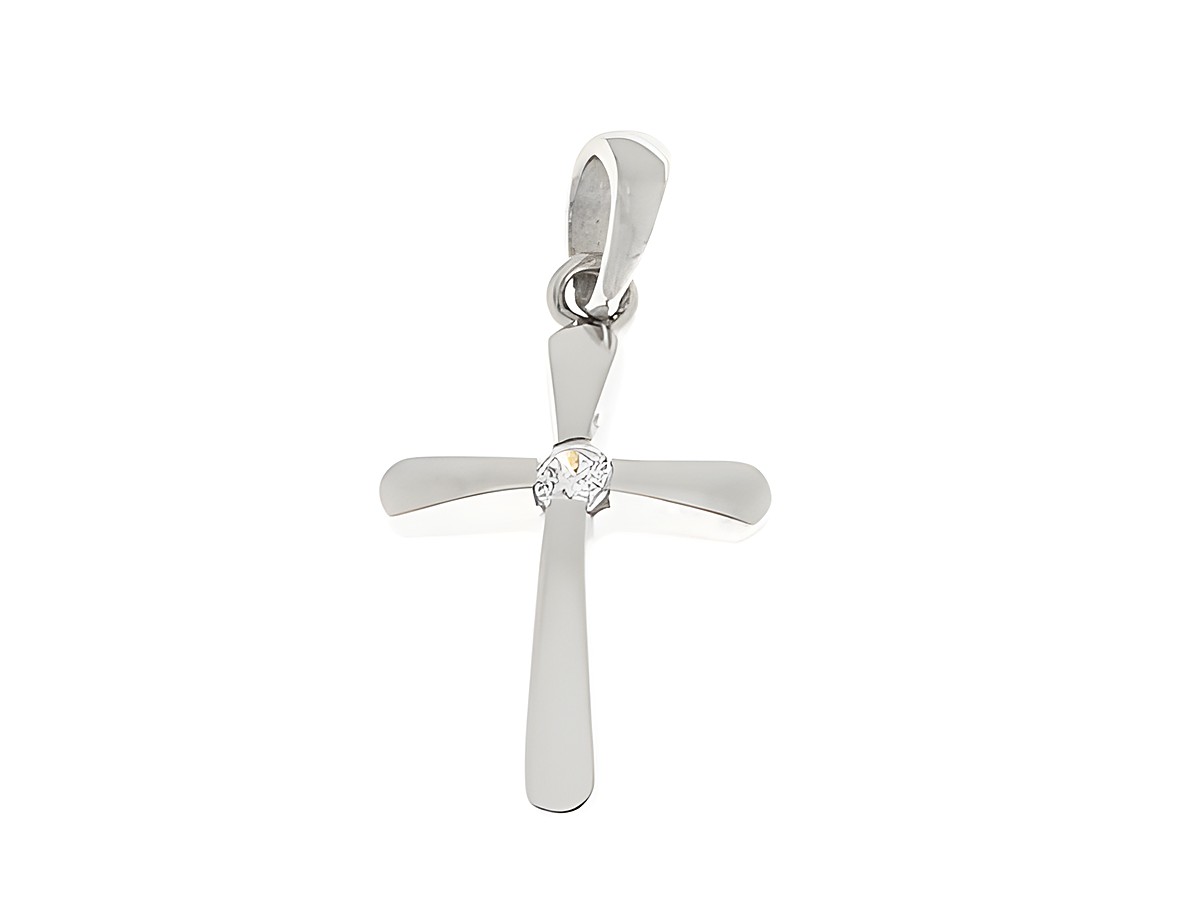 Silber rhodinierter Anhänger in Form eines Kreuzes mit Zirkonia Stein, religiöser Schmuck, Hersteller Juwelier Harnisch.