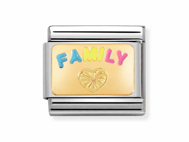 Edelstahl Plättchen mit Emaille in bunten Farben, goldene Hintergrundplatte mit eingeprägtem Herzen und dem Wort FAMILY in verspielter Schrift. Ideal für individuelle Armbänder.