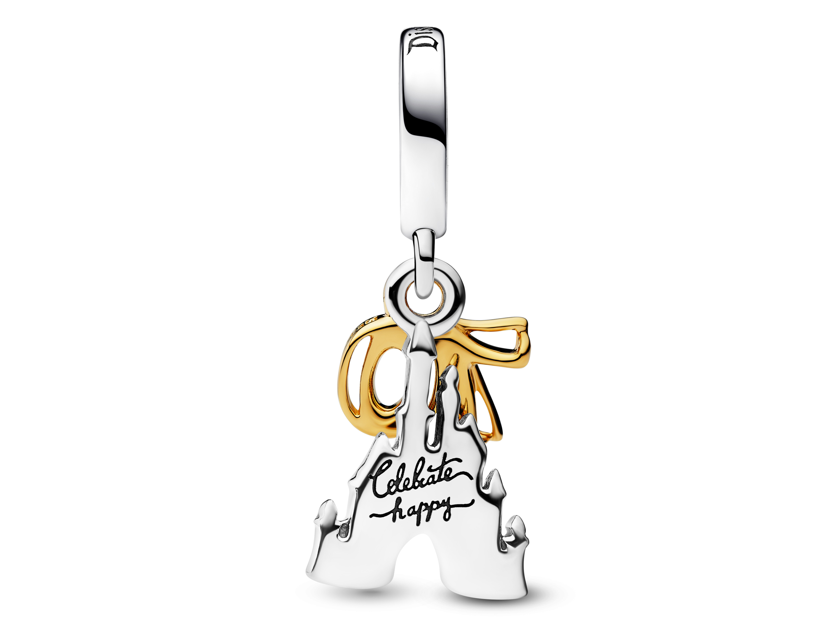 Bicolor Anhänger von Pandora mit dem Schloss von Micky Maus, verziert mit einer goldenen Schleife und der Aufschrift Celebrate happy, feiert 70 Jahre Disney Parks.