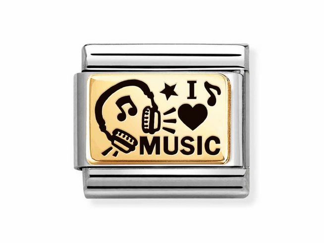 Zubehörstück aus Edelstahl mit emailliertem goldfarbigen Bereich, Motiv mit Kopfhörern und dem Text I Love Music, verziert mit Noten und einem Stern.