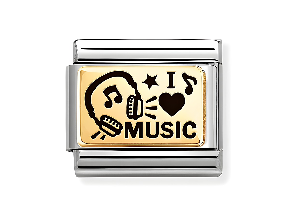 Zubehörstück aus Edelstahl mit emailliertem goldfarbigen Bereich, Motiv mit Kopfhörern und dem Text I Love Music, verziert mit Noten und einem Stern.