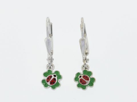 Ohrringe Silber rhod. - Marienkäfer auf Kleeblatt Glücksbringer Hänger, Hersteller: Juwelier Harnisch, ideal für Kinder, farbenfrohes und verspieltes Design.