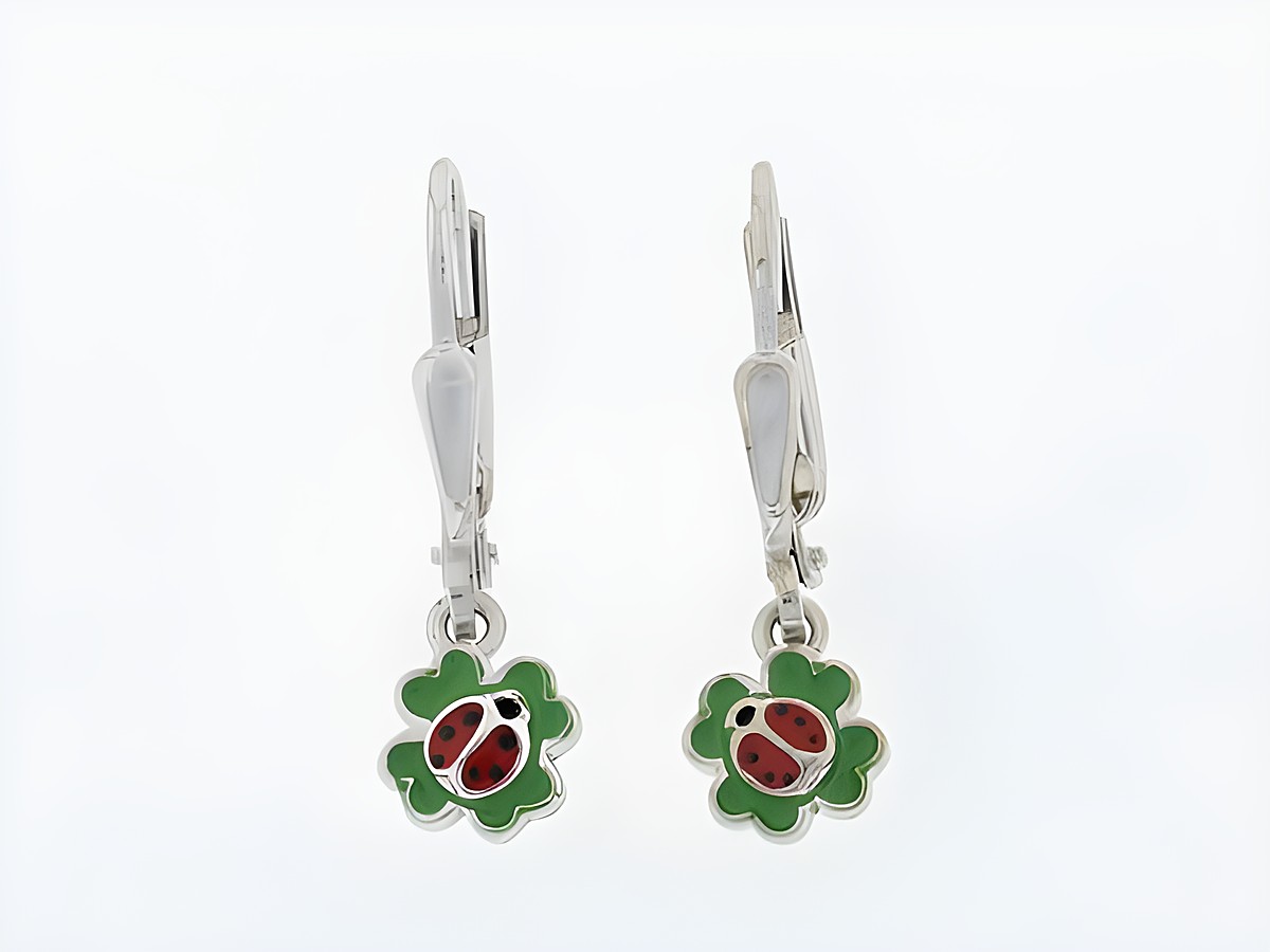 Ohrringe Silber rhod. - Marienkäfer auf Kleeblatt Glücksbringer Hänger, Hersteller: Juwelier Harnisch, ideal für Kinder, farbenfrohes und verspieltes Design.
