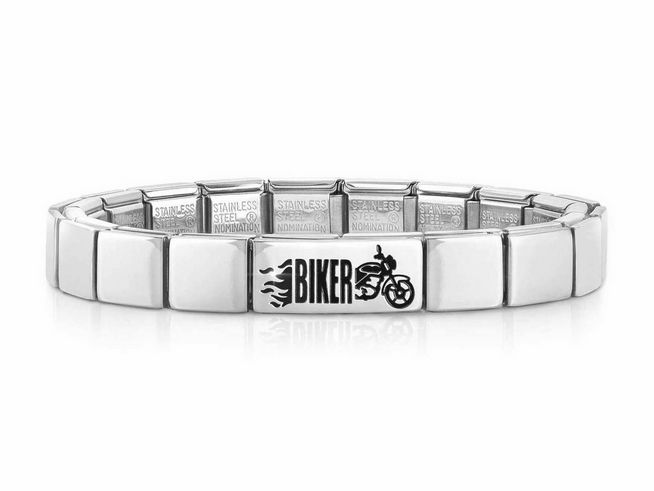 423910154-0 Edelstahl Armband von Nomination mit Doppel-Link Design, gravierter Biker Grafik auf einer Platte, zeitlos und robust, ideal für Biker und als ausgefallenes Accessoire.