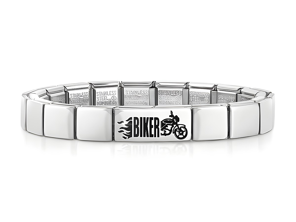 Edelstahl Armband von Nomination mit Doppel-Link Design, gravierter Biker Grafik auf einer Platte, zeitlos und robust, ideal für Biker und als ausgefallenes Accessoire.