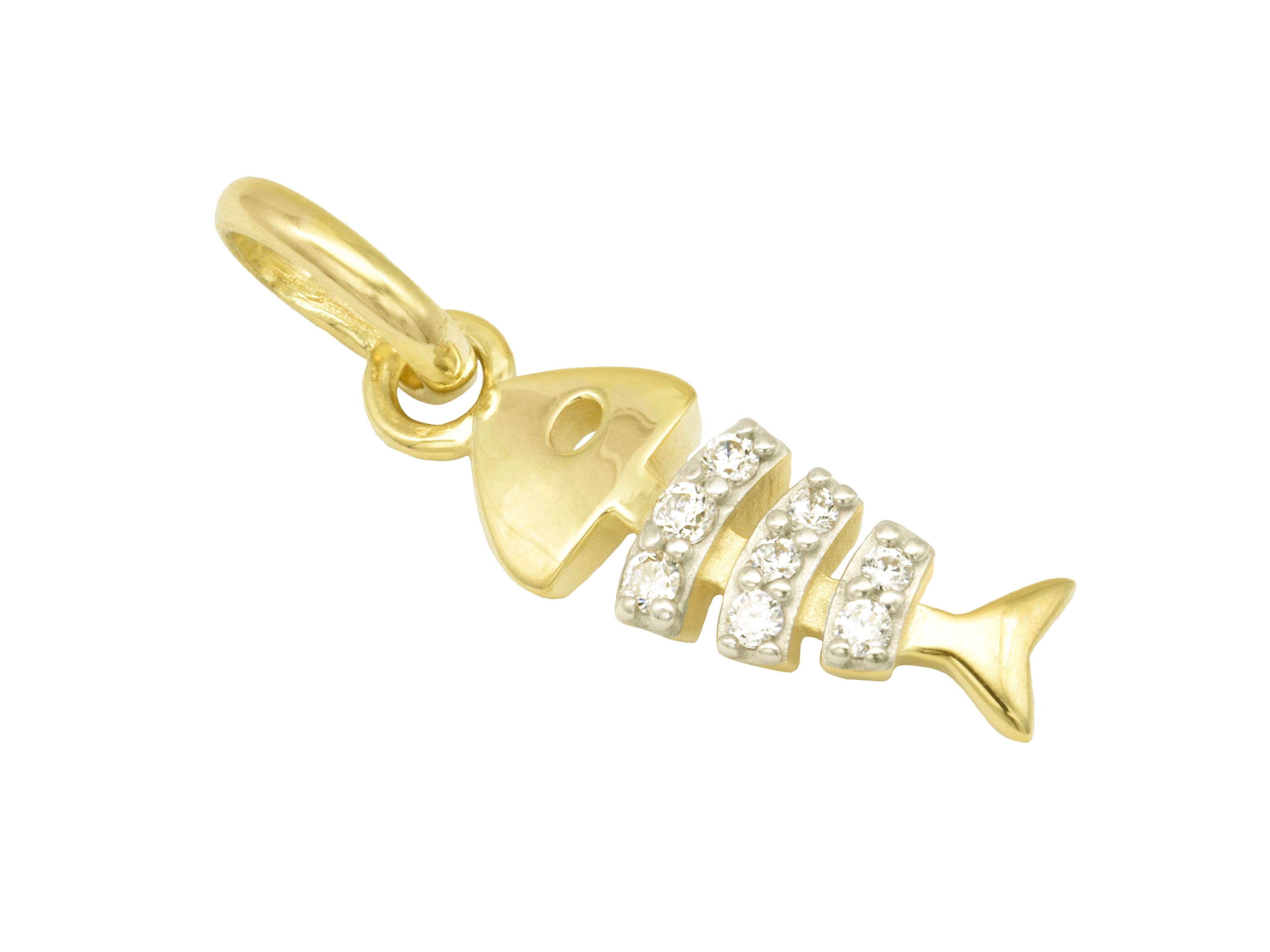 Silber Anhänger Fischgräte in gelbgold vergoldet und poliert mit Zirkonia von Juwelier Harnisch, stilvolles Schmuckstück für Tierliebhaber.