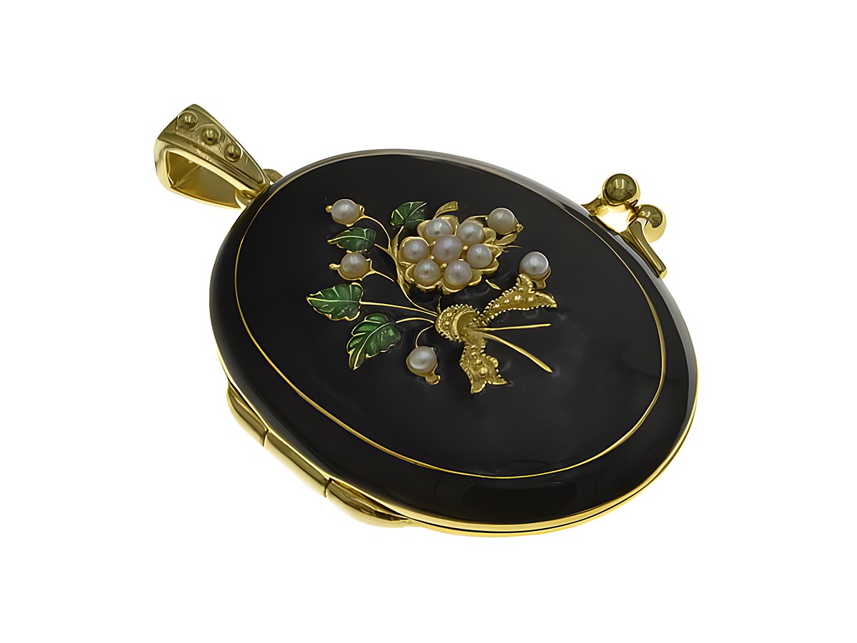 Blume Medaillon Sterling Silber vergoldet emailliert mit floralen Motiven, Perlen und grünen Blättern, Hersteller: Juwelier Harnisch, vergoldet in Gelbgold.