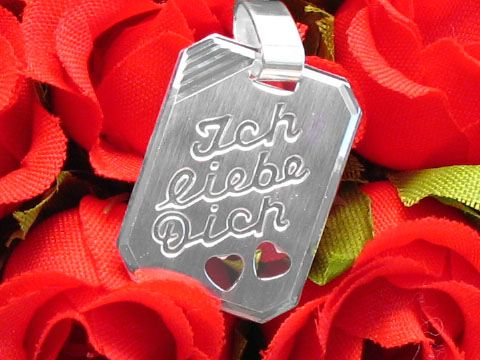 31988-0 Silber Gravurplatte -Rechteck- mit der eingravierten Aufschrift Ich liebe Dich und zwei kleinen Herzen, Hersteller: Juwelier Harnisch, ideal als persönliches Geschenk.