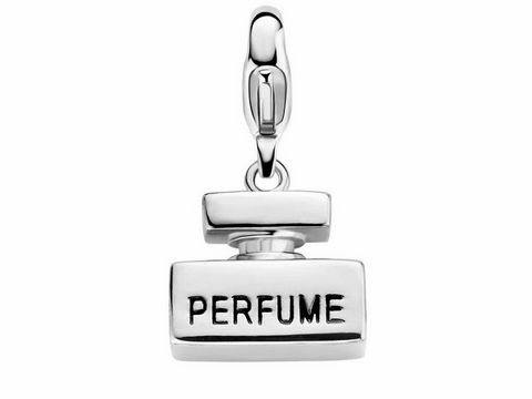 Silberner Charms-Anhänger von Ti Sento in Form eines Parfumflakons mit eingraviertem Schriftzug "PERFUME", ideal als Accessoire für Schmuckliebhaber.