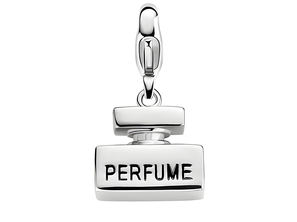 Silberner Charms-Anhänger von Ti Sento in Form eines Parfumflakons mit eingraviertem Schriftzug "PERFUME", ideal als Accessoire für Schmuckliebhaber.