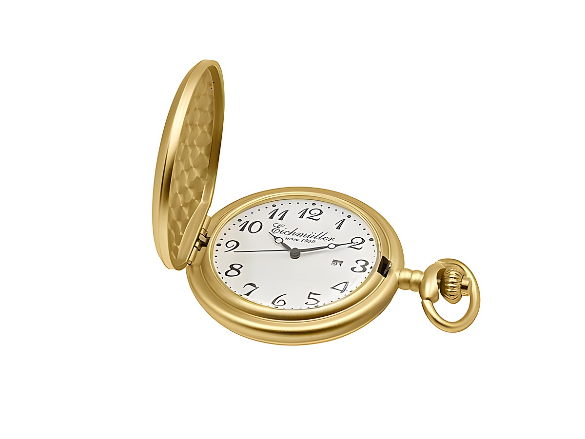 Eichmüller Taschenuhr aus Edelstahl mit vergoldetem, mattiertem Gehäuse und Mineralglas, geöffnet, Ziffernblatt mit arabischen Ziffern, 6,5 cm, Hersteller Juwelier Harnisch.
