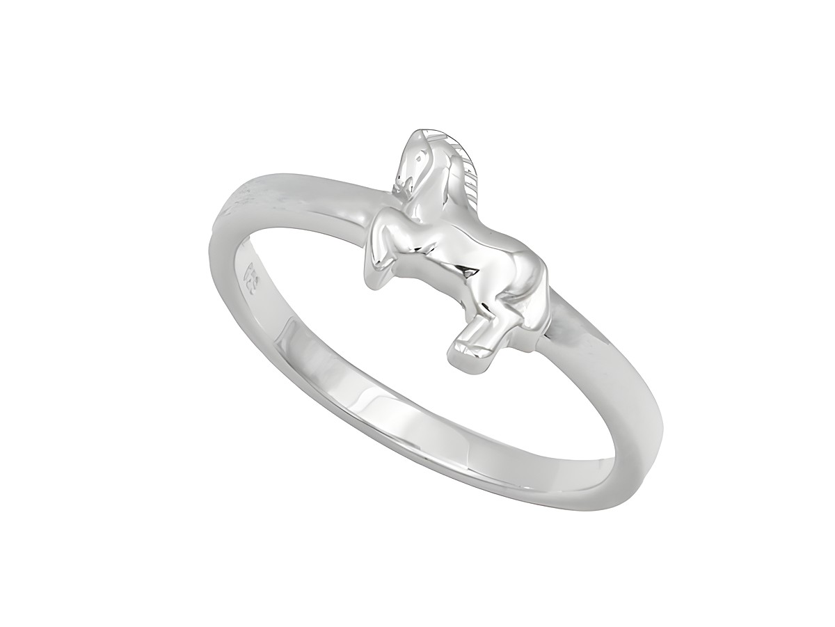 Kinderring Pferd aus rhodiniertem Sterling Silber in Größe 40, Hersteller Juwelier Harnisch, filigranes Design mit Pferdemotiv, ideal für Kinder und besondere Anlässe.